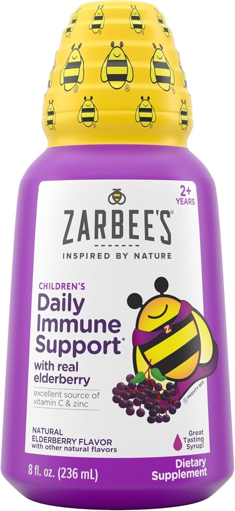 Zarbee의 Elderberry Syrup for Kids, 비타민 C 및 아연, 어린이 액체 보충, 천연 베리 맛, 8 fl oz
