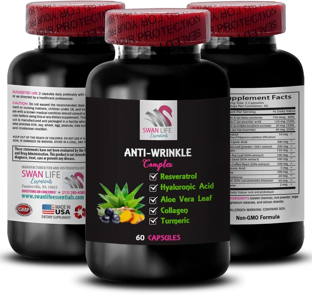 알파 Lipoic 산 지원 - ANTI-WRINKLE COMPLEX - 알로에 Vera 잎 이익, 교원질 부스트, 녹차 잎 추출물, 포도씨 힘, 녹색 커피 콩 이익, Hyaluronic 산 1 병 60 모자
