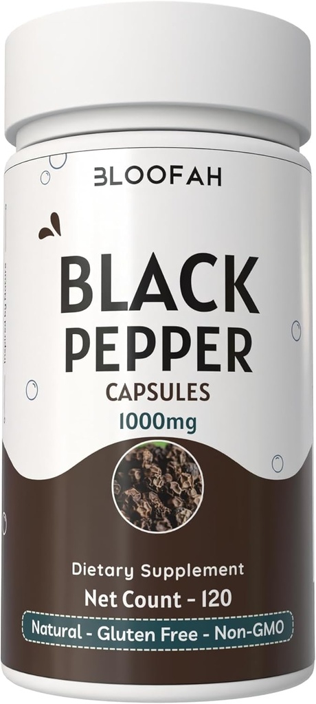블랙퍼 캡슐 1000mg 분말 | Piper nigrum | Non-GMO, 글루텐 프리 | 인공 첨가물 없음 | GMP 인증 | 초본 보충 | 전통 웰니스 (120 개)
