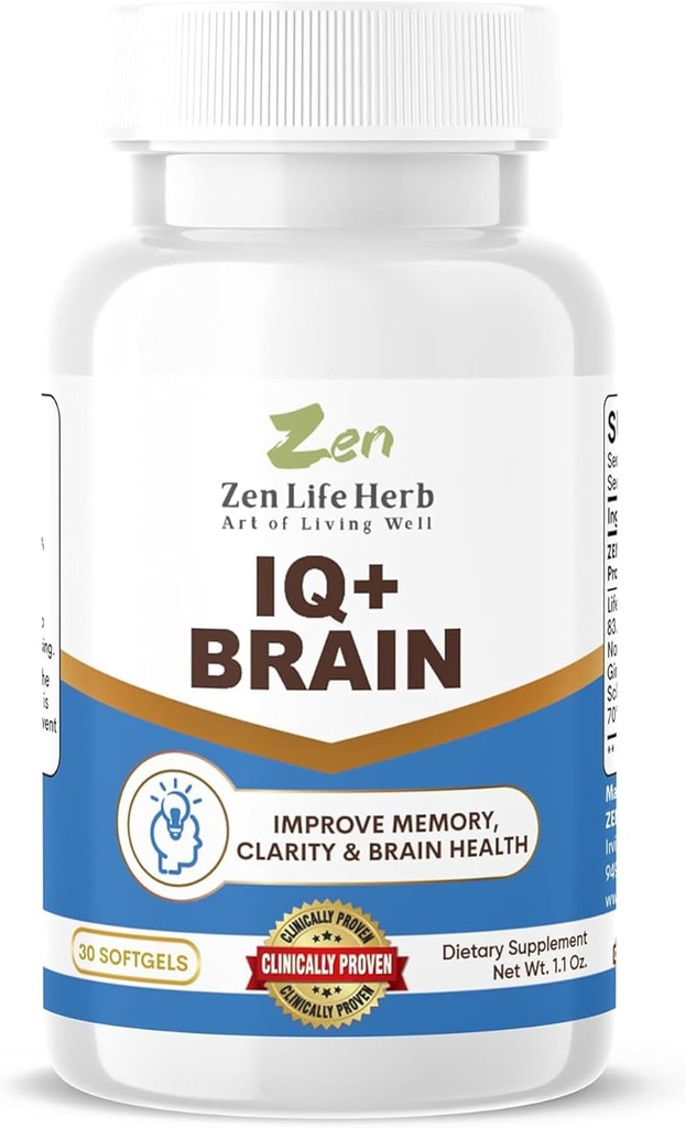 ZEN LIFE 하이브 IQ+ 뇌 - Caffeine-Free, 임상 시험된 초점, 농도, 기억 & 에너지, 자연적인 식물 근거한 초본 보충교재, 추가된 비타민/Minerals/Mushroom/Sugar (30 Softgels) 없음