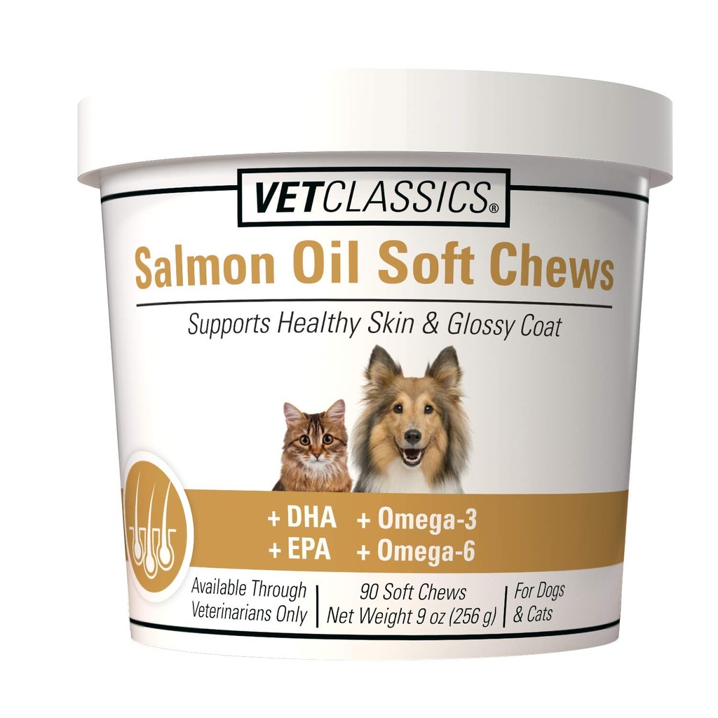 Vet Classics Salmon Oil Pet Supplement for Healthy Skin, 광택 있는 코트 – Dog Coat Supplement, Cat Skin Supplement – Omega-3, 6, 9, DHA 소스, EPA – Soft Chews 90 Ct 포함.