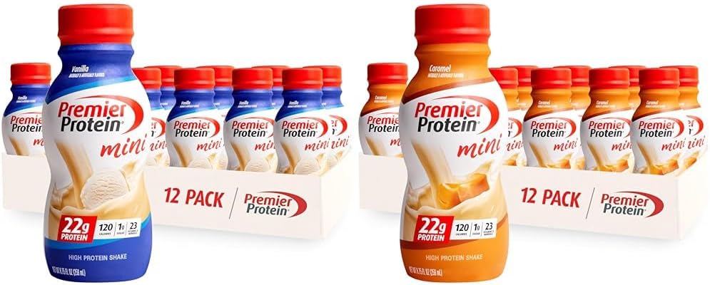 프리미어 단백질 샤크 미니 바닐라 & 카라멜 맛, 22g 단백질, 120 칼로리, 1g 설탕, 8.75fl oz, 12 팩