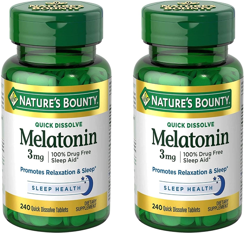 Nature's Bounty Melatonin 3mg, 성인을위한 100 % 약물 무료 수면 보조, Relaxation 및 수면, 다이어트 보충, 240 카운트 (팩 2)