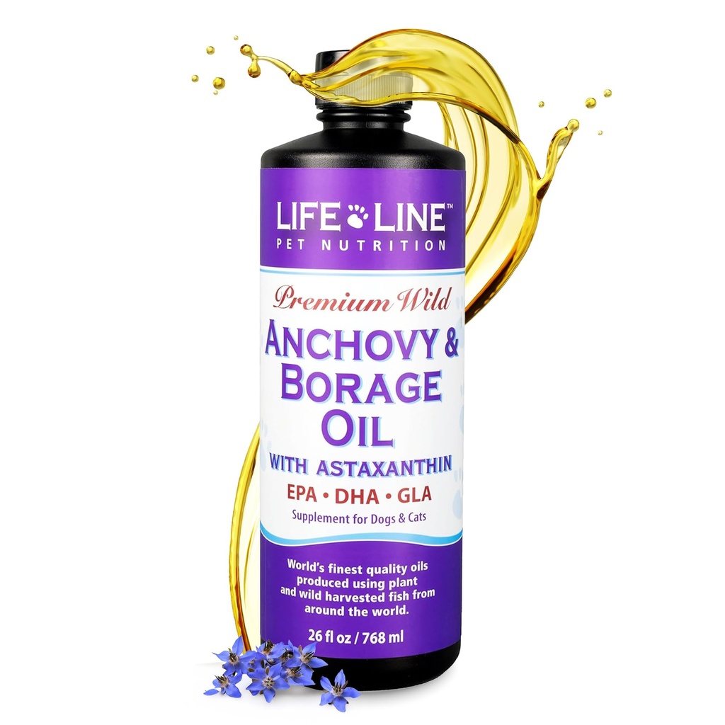 Lifeline Wild Anchovy + Borage Oil for Dogs | 피부 건강을 위한 오메가-6 GLA 보충 교재, 알레르기 및 외투 | 번개, 가려움증 및 염증 감소 – 26 oz