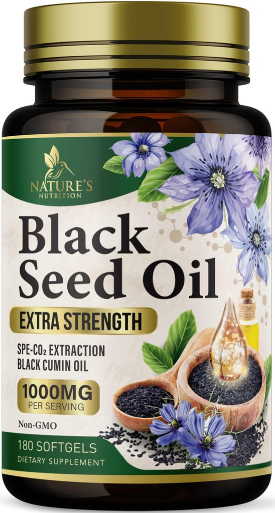 Black Seed Oil Softgels 1000mg - 프리미엄 Nigella Sativa Blackseed, 순수 천연 블랙 Cumin Seed Oil & Antioxidant for Skin & Immune Support - 미국 보충 - 180 Softgels