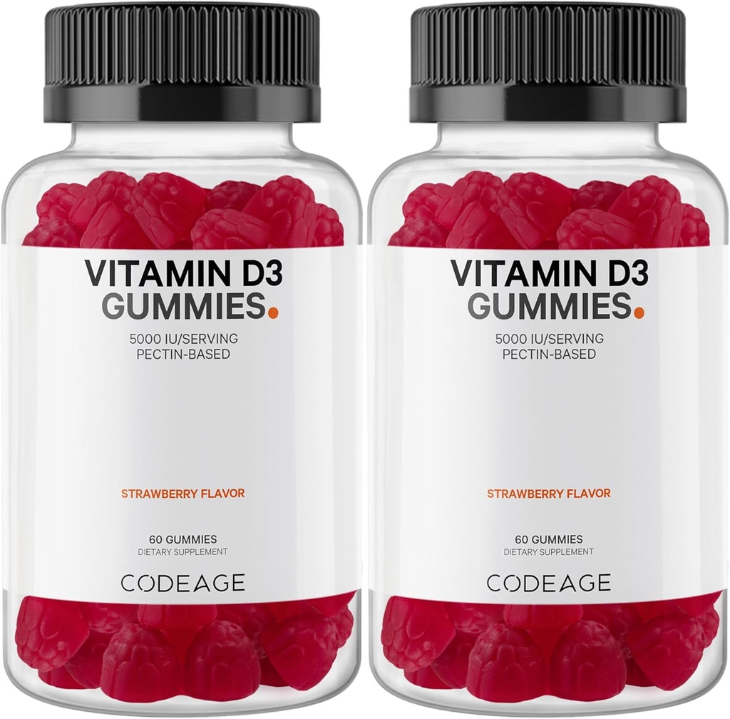 코질 비타민 D3 거미 비타민, 비타민 D3 5000 IU Gummies Cholecalciferol 125 mcg, 연약한 Pectin 기초, 동물성 젤라틴 자유로운 거미, Gummies 비타민, 맛있은 딸기, 비 GMO - 2 팩