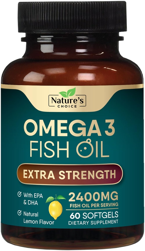 오메가 3 물고기 기름 보충교재 2400 mg - 세 배 힘 EPA & DHA 물고기 기름 오메가 3의 정유 Softgels, 뇌 & 심장 건강 지원 보충교재, 글루텐 자유로운 비 GMO, 60 Softgels