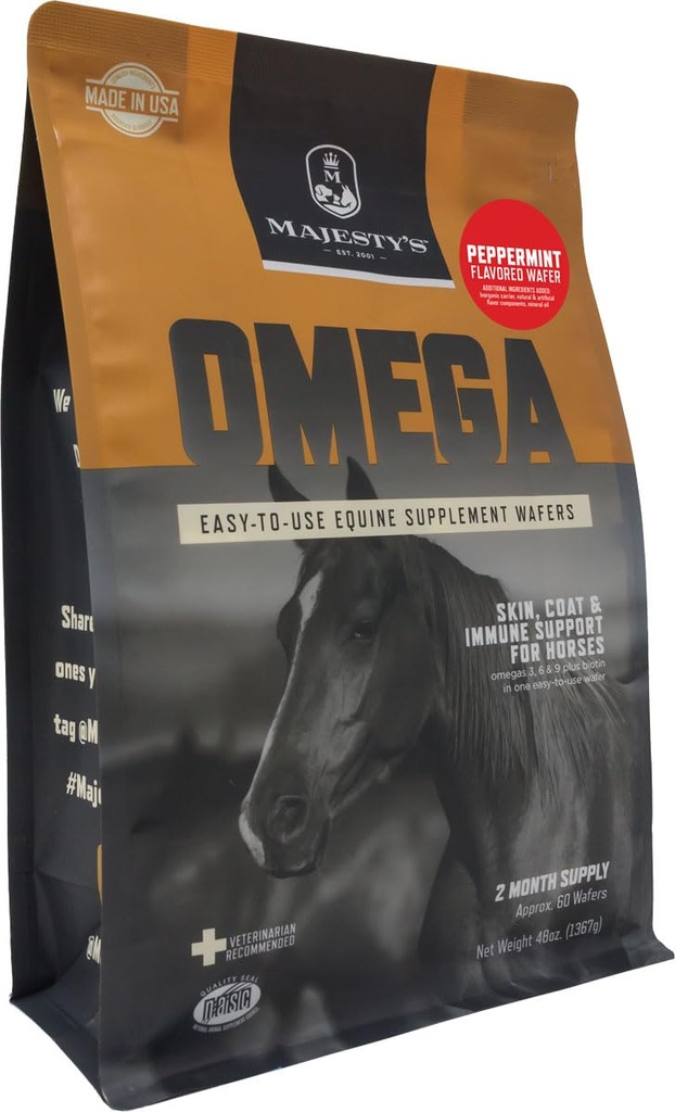 Majesty's Omega Wafers - 우량한 말/Equine 피부, 외투 및 면역 지원 보충교재 - 오메가 3, 6, 9 및 Biotin (Peppermint, 60 조사)