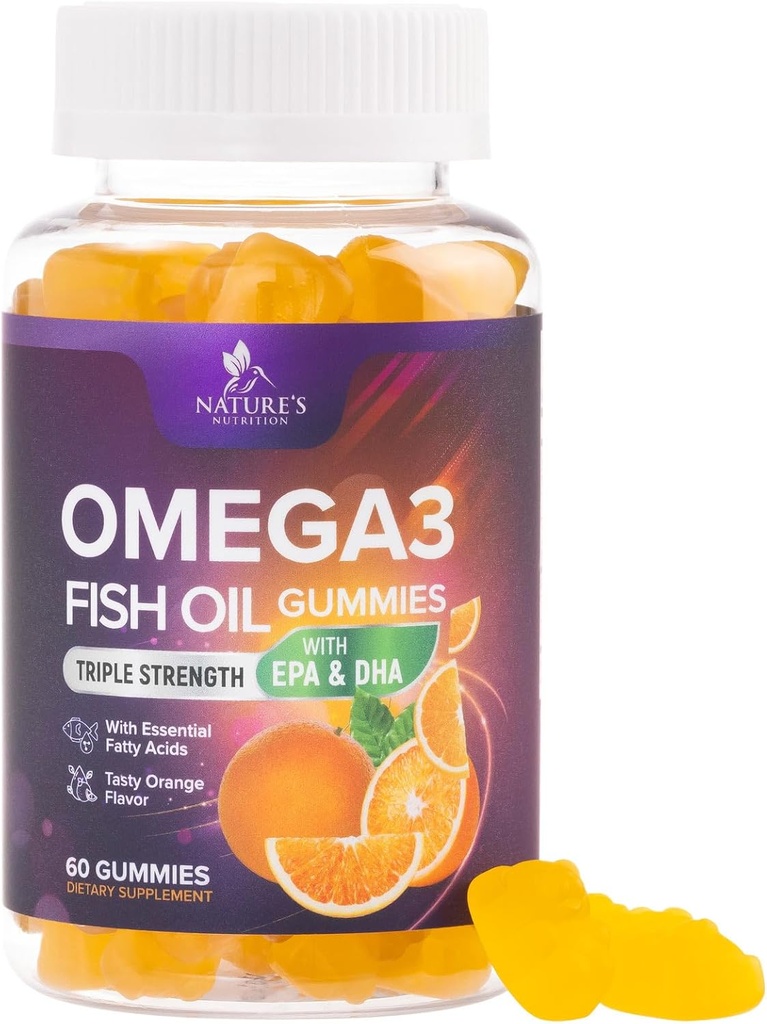 오메가 3 물고기 기름 Gummies - 심장 건강 지원 오메가 3 높은 흡수 DHA & EPA, 합동 & 뇌 지원, Delicious 오렌지 풍미 물고기 기름 비타민, 60 Gummies를 가진 성인 & 아이를 위한 거미 보충교재