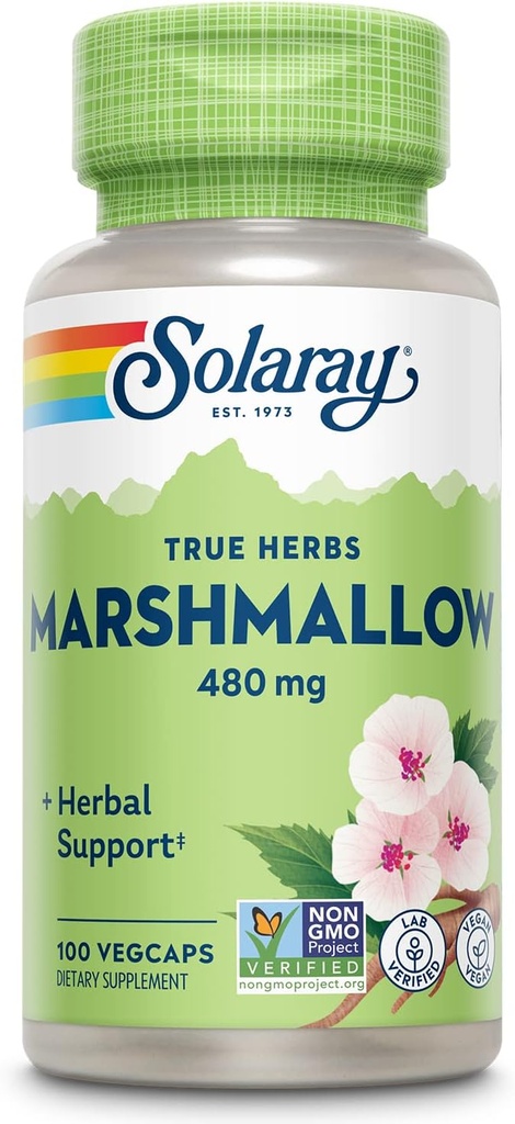 SOLARAY Marshmallow Root Capsules 480 mg - Soothing Herbal Support w/Whole Marshmallow Root - Mucilage Soluble Fiber, Vegan, Non-GMO, Lab Verified, 60 일 보증, 100 서빙, 100 VegCaps에서 높은