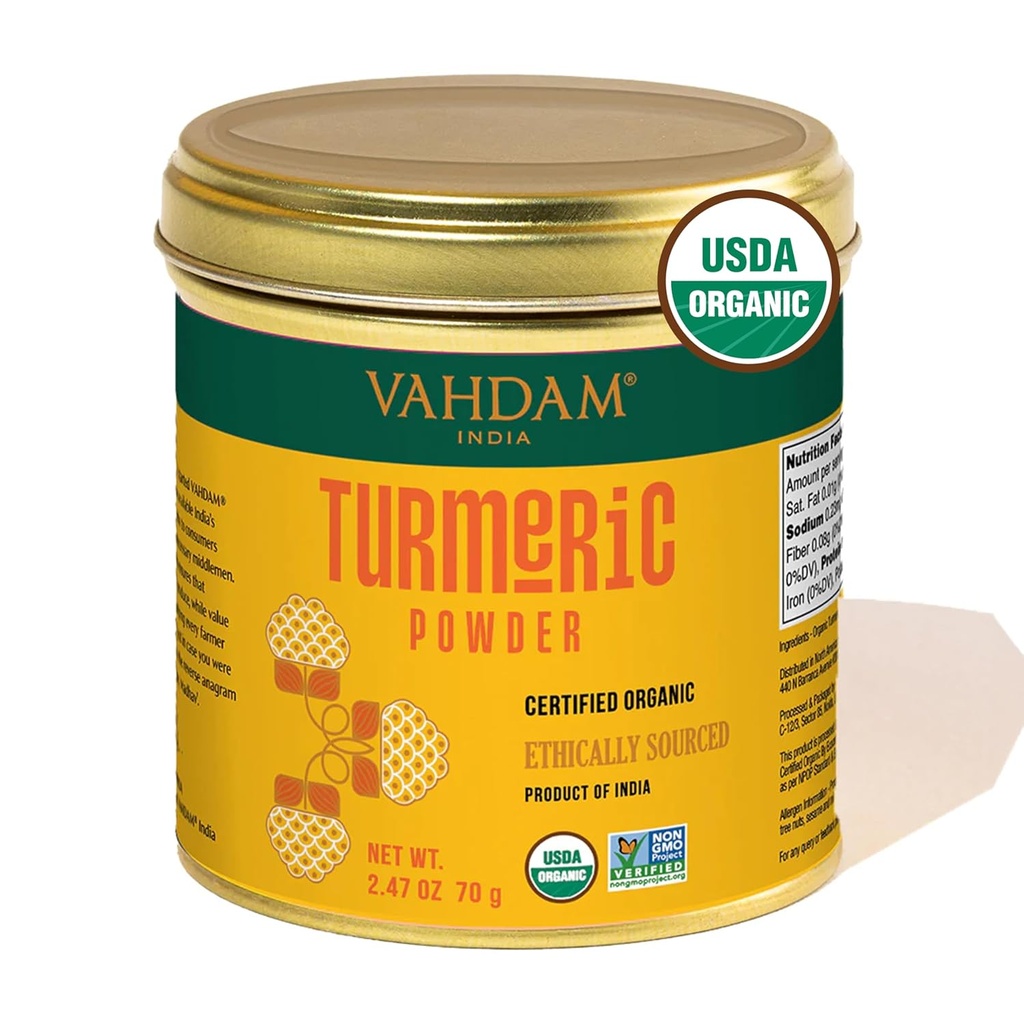 VAHDAM, 유기 심황 분말 w / 높은 쿠르쿠민 (2.47oz) USDA 유기, 100% 인도에서 원료 | 글루텐 프리, 비 GMO | 프리미엄 품질 및 아로마 | 단일 원산지 향 | 소스에서 직접