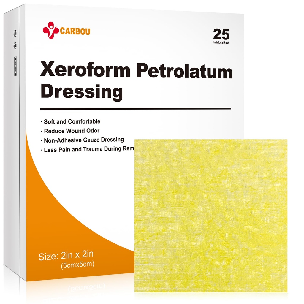 Carbou 의학 Xeroform 휘발유 드레싱 2" x2”, 25의 개인적인 팩, 비 유력한 가우즈 패드, 부상 배려를 위한 연약한 정밀한 메시 가우즈 헝겊 조각, 화상, 레이스, 피부 조각 & 외과 병변