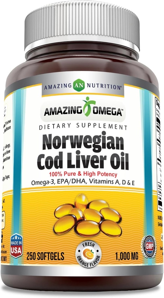 어메이징 오메가 노르웨이 Cod Liver 오일 1000 Mg Softgels 보충 | 오메가-3, EPA, DHA, 비타민 A, D & 비타민 E (오렌지 | 250 개)