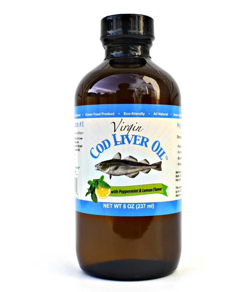 Virgin Cod Liver Oil - 8 Fl oz Natural, Sustainably sourced, Wild Caught & Fresh Tasting. 비타민 D, 오메가 3 DHA/EPA (레몬과 페퍼 민트 맛)