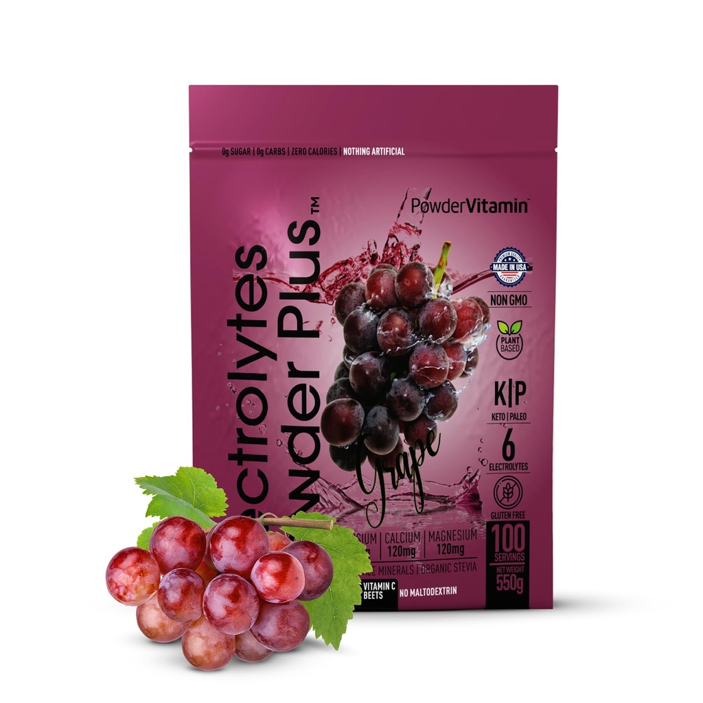 PowderVitamin Electrolytes 분말 플러스 (100 인분) 포도 전해질 분말 Zero Calorie Keto, 0 설탕, No Maltodextrin, 1000mg 칼륨, 120mg 칼슘, 120mg 마그네슘, 수화 분말