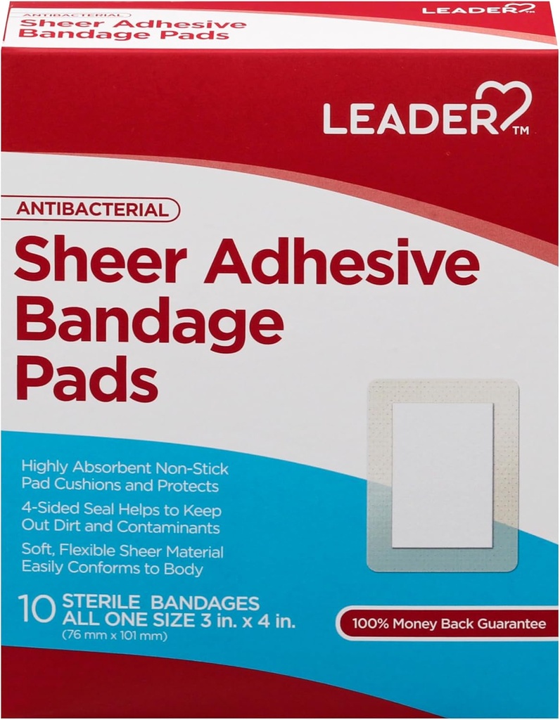 LEADER Sheer 접착제 붕대 패드, 피부, 고 흡수성 Non-Stick 패드, 응급 처치 및 부상 보호를위한 팩, Band-Aid와 비교, 모든 크기 3/4" x 4", 100 ct.