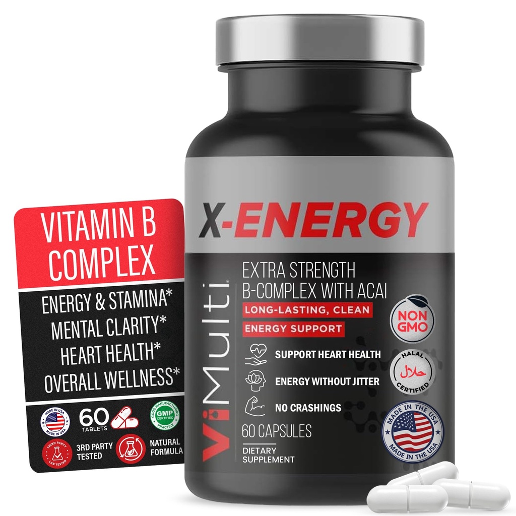 Caffeine & Vitamin B12와 X-Energy Extra Strength B Complex – B1, B2, B3 Niacin, B6, Folic Acid, Biotin, B5, Taurine, Ginseng, Rhodiola, Maca, Acai & Spirulina와 에너지 지원 – 60 캡슐