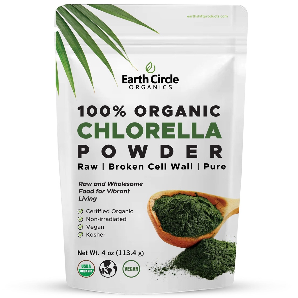Earth Circle Organic Chlorella Powder Superfood | Kosher | Broken Cell Wall Chlorophyll, Vegan, Super Green Algae, Clean Chlorella, 고 단백질, 섬유 및 아미노산 - 4oz