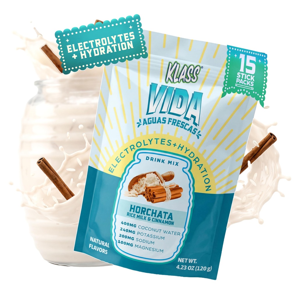 KLASS VIDA Electrolyte 음료 믹스 – Horchata Agua Fresca 맛 | 코코넛 워터 및 미네랄이 함유된 슈가프리 하이드로션 파우더 | 15 Single-Serve Stick Packs in Resealable Pouch, Low Calorie