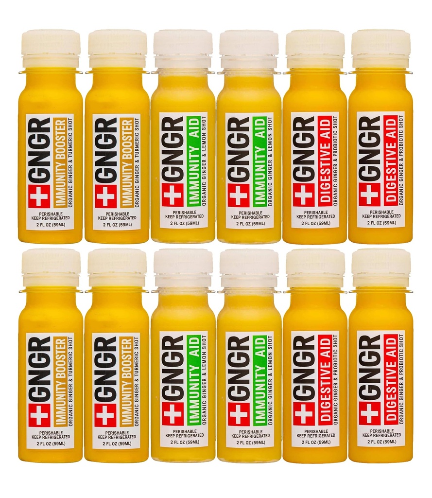 +GNGR Immunity Sampler Organic Ginger Wellness Shot - 모든 천연 소화 지원 및 면역 지원, 소화 보조 보조, Gut Cleanse 및 Detox 2 fl oz (12의 포장)을위한 프리미엄 생강 샷