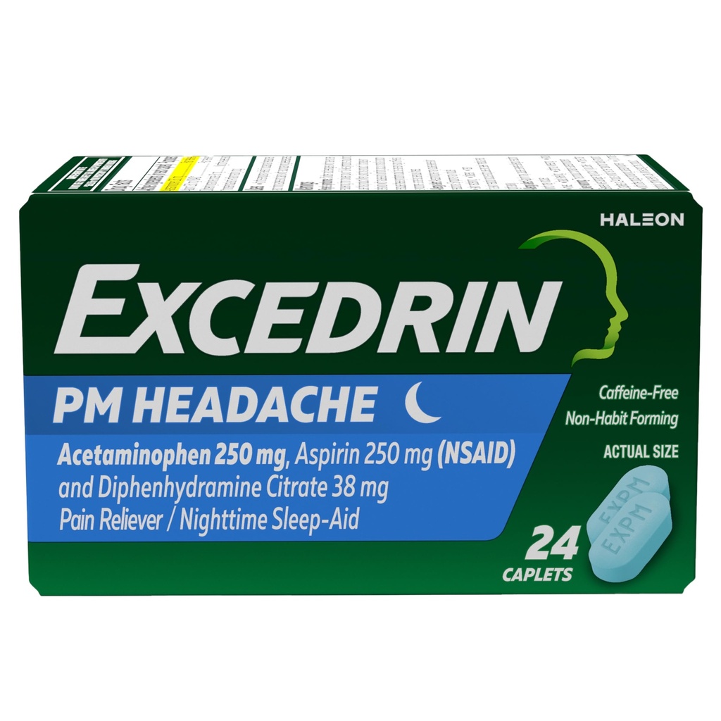 두통 기복을 위한 Excedrin PM, Acetaminophen 250mg, 아스피린 250mg, Diphenhydramine 구연산염 38mg, 고통 Reliever, 야간 수면 원조, 24 조사