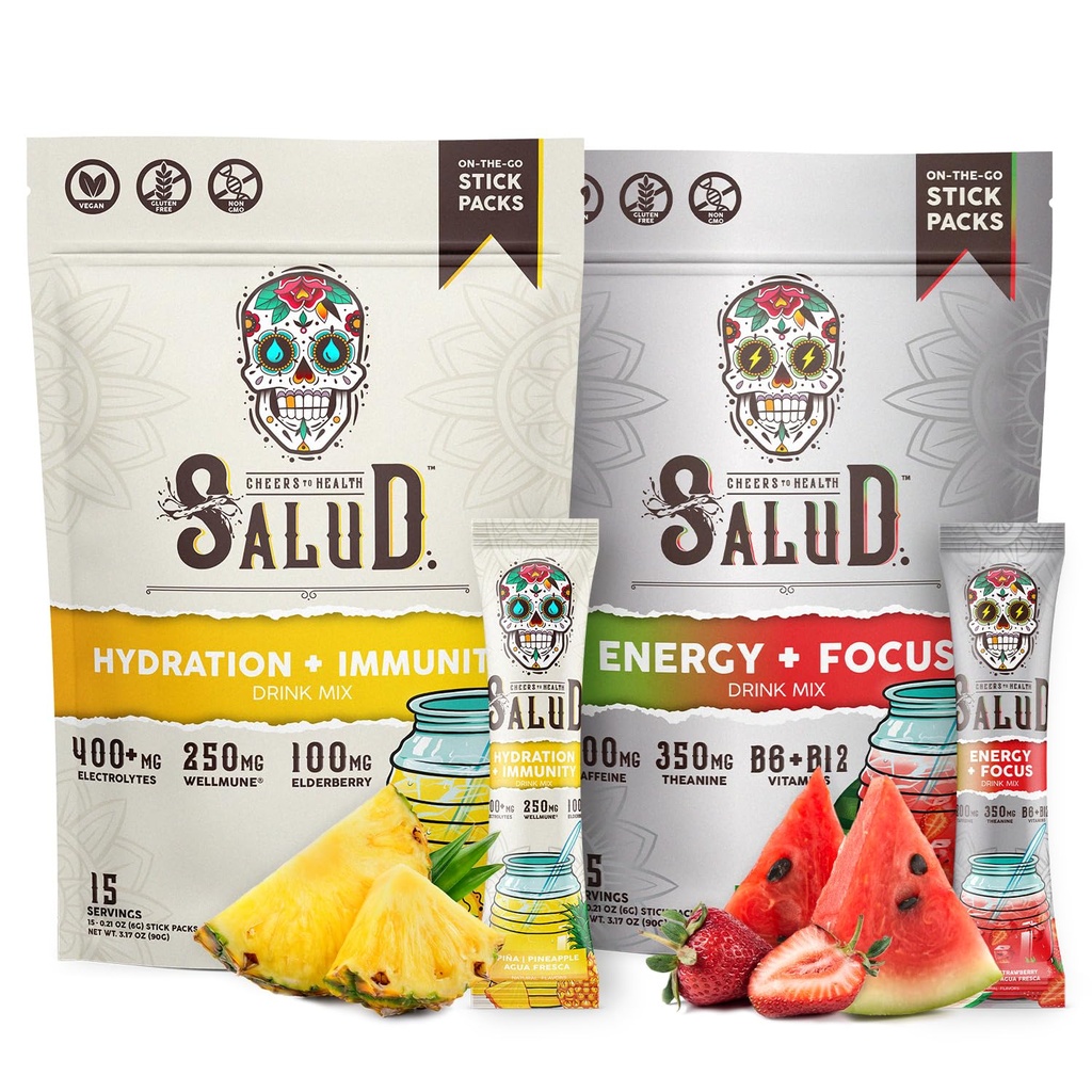 Salud 2-Pack | 2-in-1 Hydration + Immunity (Pineapple) & Energy + Focus (Strawberry Watermelon) - 15 서빙 각각, Agua Fresca 음료 혼합, Non-GMO, Gluten Free, Vegan, Low Calorie, 설탕 1g