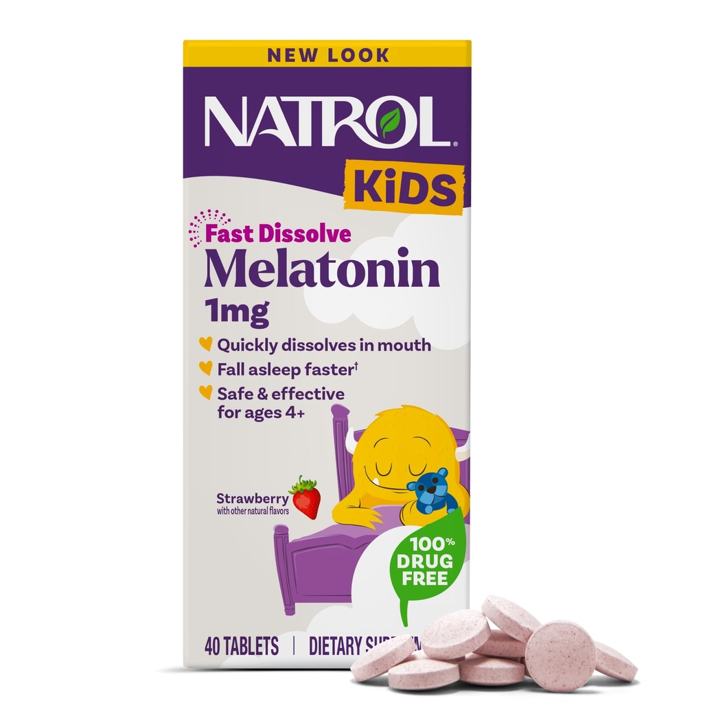 Natrol Kids 빠른 용해 멜라토닌 1 mg, 휴식 수면을위한 다이어트 보충, 아이를위한 수면 정제, 40 Strawberry-Flavored 멜라토닌 정제, 40 일 공급