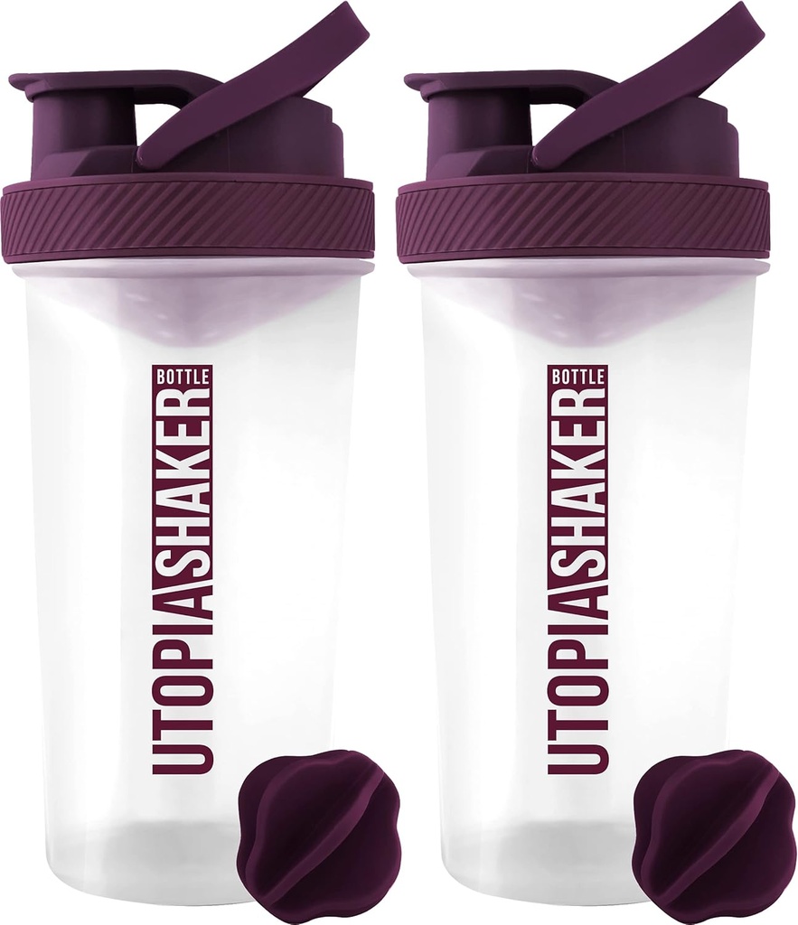 Utopia Home Protein Shaker Bottle - (팩 2) 28-Ounce Shaker Bottle For Protein Mixs - 피트니스 스포츠 클래식 단백질 믹서 셰이커 병 (Clear/Plum)