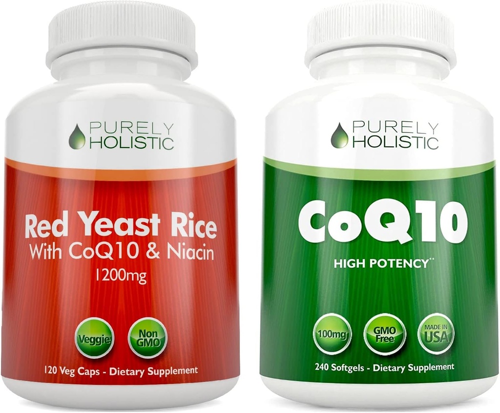Purely Holistic 빨간 효모 밥 1200mg & Niacin + CoQ10 100mg - 120의 캡슐 & 240 Softgels 뭉치 - 미국에서 만드는