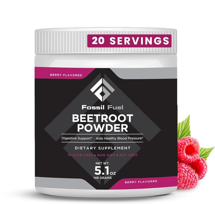 Fossil Fuel Organic Beet Root Powder, Nitric 산화물, 순환, 에너지, 심장 건강 지원 - Beetroot Premium Superfood Beets Powder Dietary Nitrates, Non-GMO, Vegan-Friendly, Berry (20 서빙)
