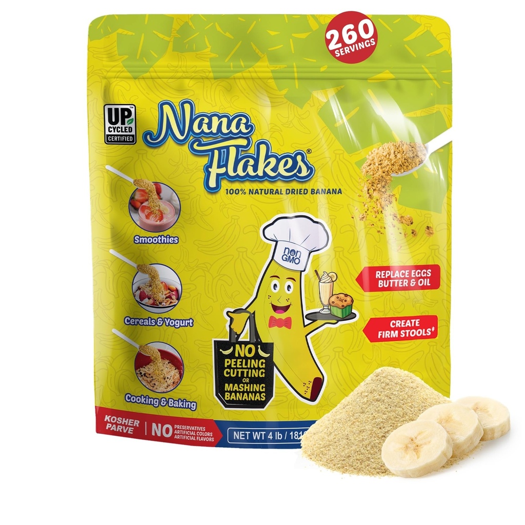 Nana Flakes 100% 순수한 바나나 조각 음식 분말 4 lbs - 소화 건강 & Occasional Diarrhea, 식사 두껍게 하기를 위한 칼륨 & 섬유의 중대한 근원 - 자연 & Soothing (4개 lbs 부대)