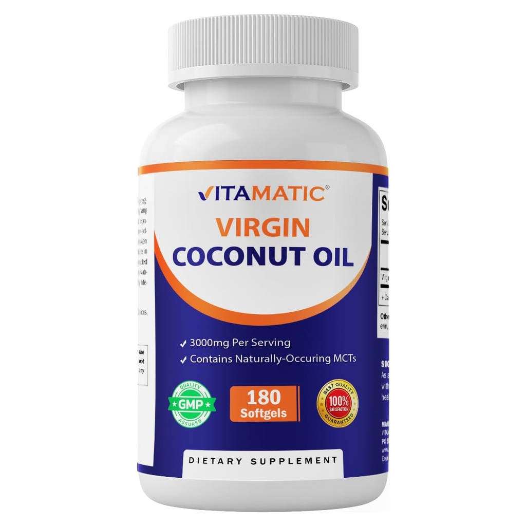 Vitamatic 버진 코코넛 오일 Softgels, 서빙 당 3000 mg, 60 서빙, 180 조사, 비 GMO, 글루텐 무료