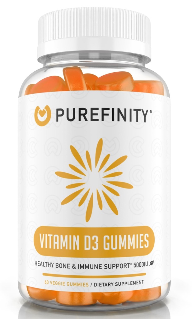 PUREFINITY 비타민 D3 5000 iu Gummies - 뼈 건강, 면역 건강 및 성인 및 어린이를위한 관절 근육 지원 - 글루텐 무료, 비 GMO - 60 Veggie Gummies