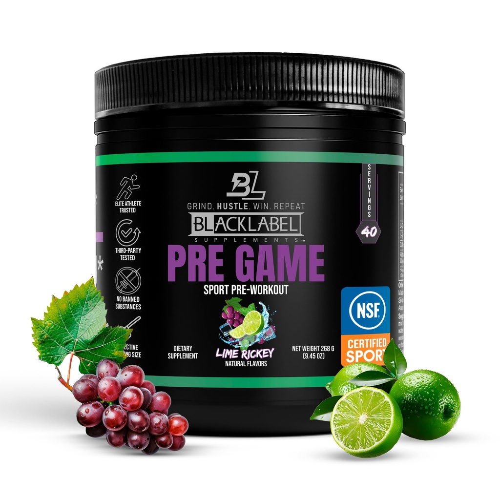 BLACKLABEL은 PRE-Game Pre Workout Powder, Lime Rickey (40 서빙)을 보충합니다. NSF는 스포츠에 대한 인증 - 에너지 및 초점을위한 사용자 정의 150mg 카페인 - 남성과 여성을위한 낮은 자극적 사전 운동