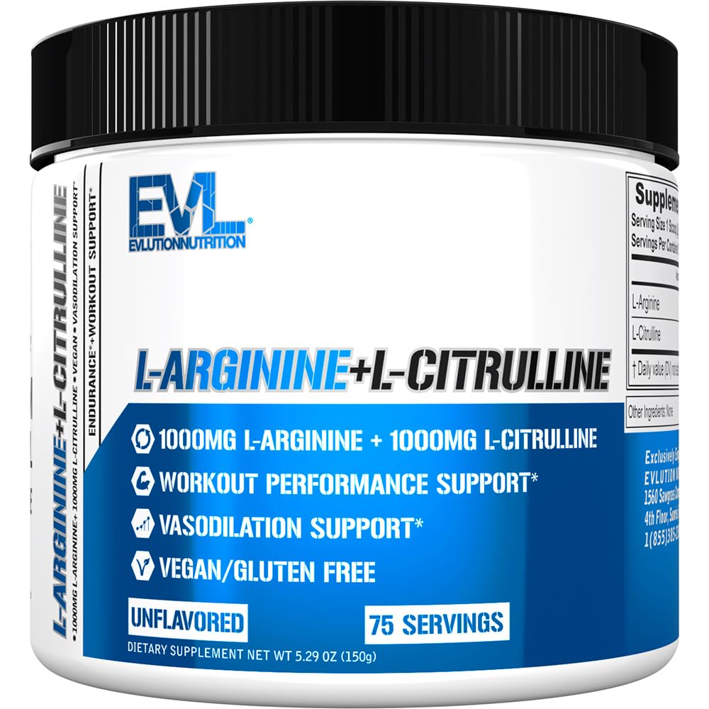 Evlution Nutrition L-Arginine + L-Citrulline - Endurance + 운동 성능 보충 - 2000mg Complex - Vasodilation + Nitric 산화물 지원 - Vegan + 글루텐 무료 분말 - 75 서빙