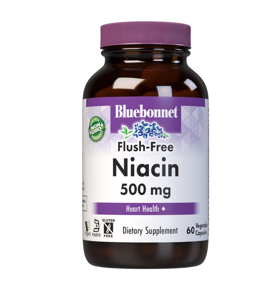 Bluebonnet Nutrition Flush-Free Niacin 500mg, 영양 심혈관 지원 *, Soy-Free, Gluten-Free, Non-GMO, Kosher 인증, Dairy-Free, Vegan, 60 야채 캡슐, 60 서빙