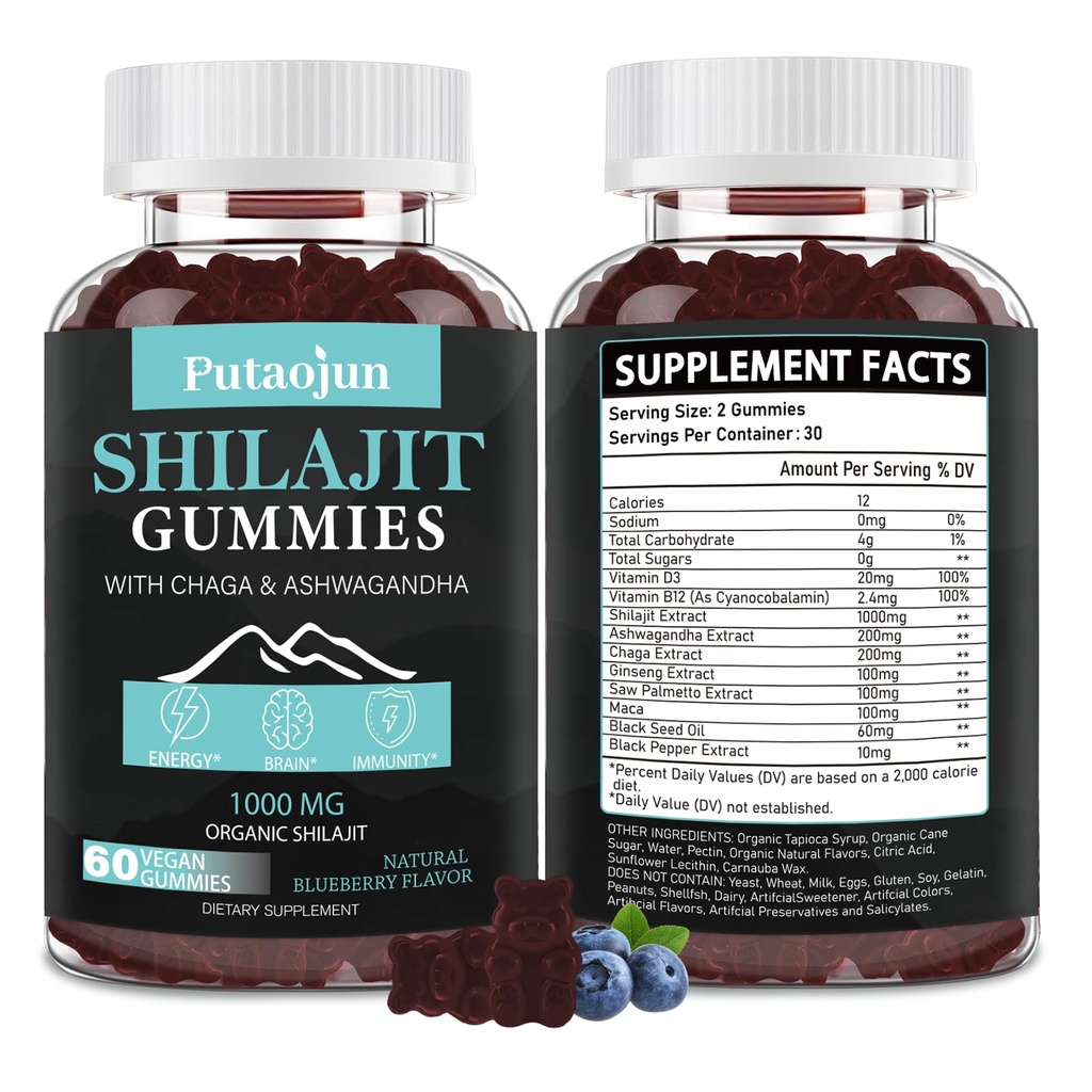 남자를 위한 Shilajit, 인간 & Kid.Himalayan 금 Shilajit Gummies.1000mg Shilajit, 200mg Ashwagandha, 200mg Chaga, 100mg Ginseng, 100mg는 Palmatto, 60mg 까만씨 기름을 보았습니다