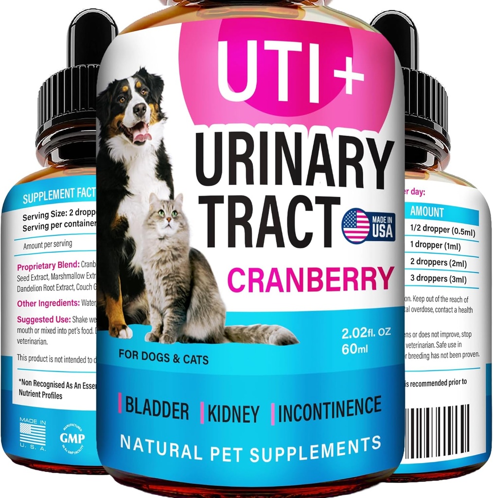 고양이 & 개 UTI 치료 - 애완 동물을위한 UTI 의학 및 Urinary Tract 감염 치료 - Kidney Support - 개 Incontinence를위한 방광 제어 - 고양이 UTI Remedy - 크랜베리 보충 - 미국 Made - 2fl.oz