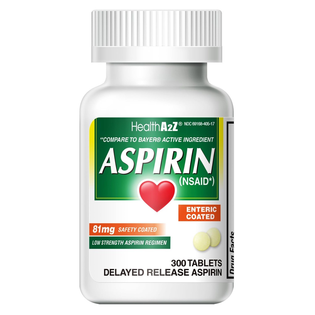 HealthA2Z® Aspirin 81 mg | 저강도 | Enteric coated | Pain Relief | 미노 체 근육 통증 및 주름 감소 | Fever Reducer | 흡진기(300 카운트)