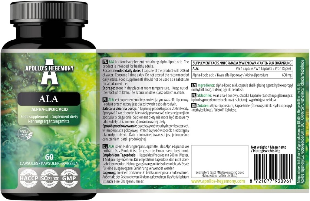 APOLLO의 HEGEMONY ALA (Alpha Lipoic Acid) 600 mg - 60 Vegan 캡슐 - Glucose 관리 최적화 - Mitochondrial 건강 지원 - 2 개월 공급