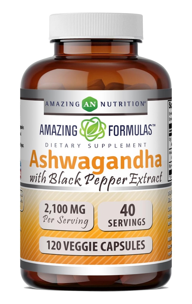 Black Pepper Extract Supplement가있는 놀라운 수식 Ashwagandha 뿌리 | 2100 Mg Per 서빙 | Veggie Capsules Supplement | Non-GMO | 글루텐 프리 | 미국 (1 팩, 120 개)
