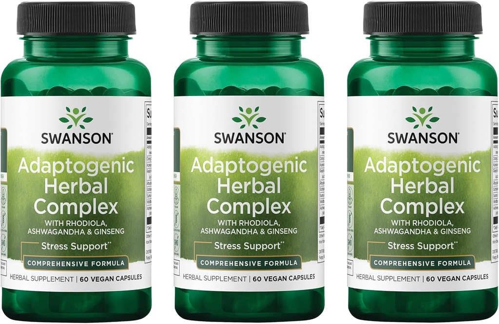 Swanson Rhodiola Ashwagandha Ginseng Complex 계류 에너지 면역 기능 신경 시스템 스트레스 지원 Adaptogen 허브 보충 60 캡슐 (3 팩)