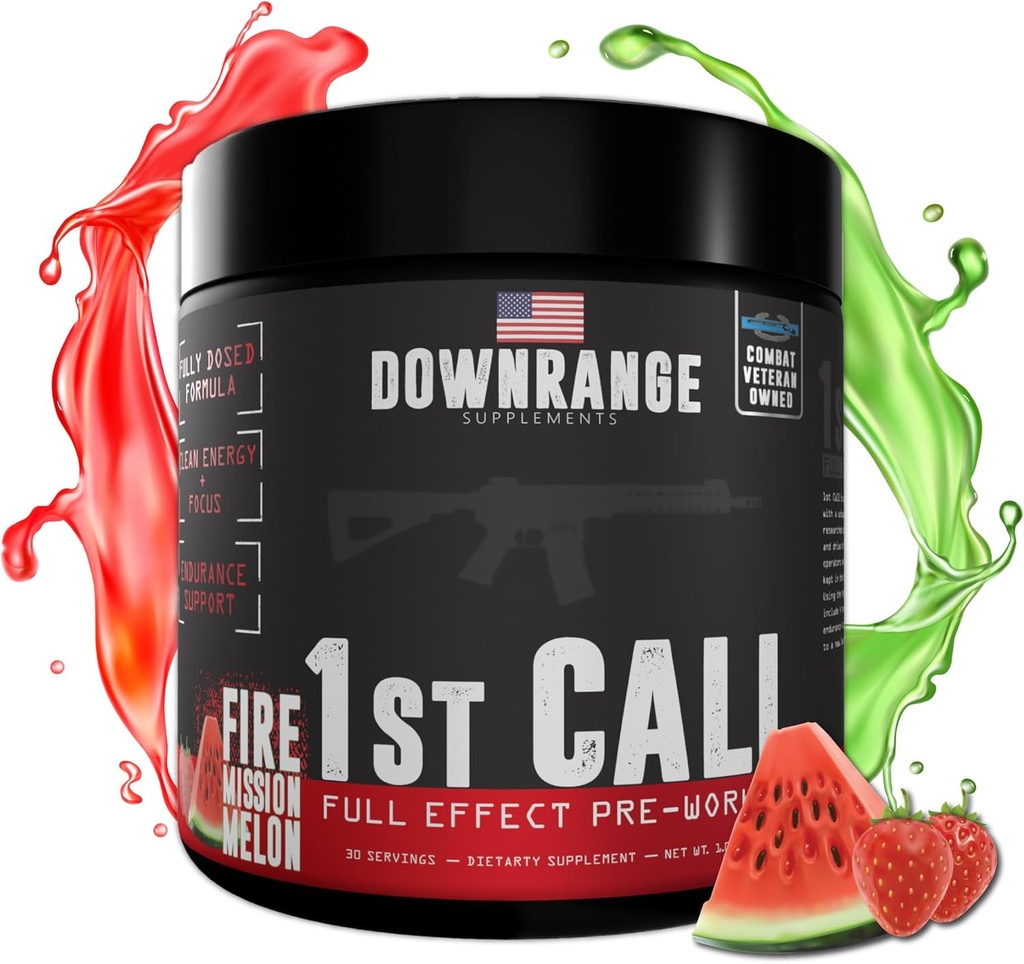 DownRange 1st Call Pre Workout Powder, 남성 및 여성을위한 Preworkout, Amino Acid Beta Alanine & Caffeine 펌프, 에너지 및 초점 지원, 30 서빙 (Strawberry Watermelon)