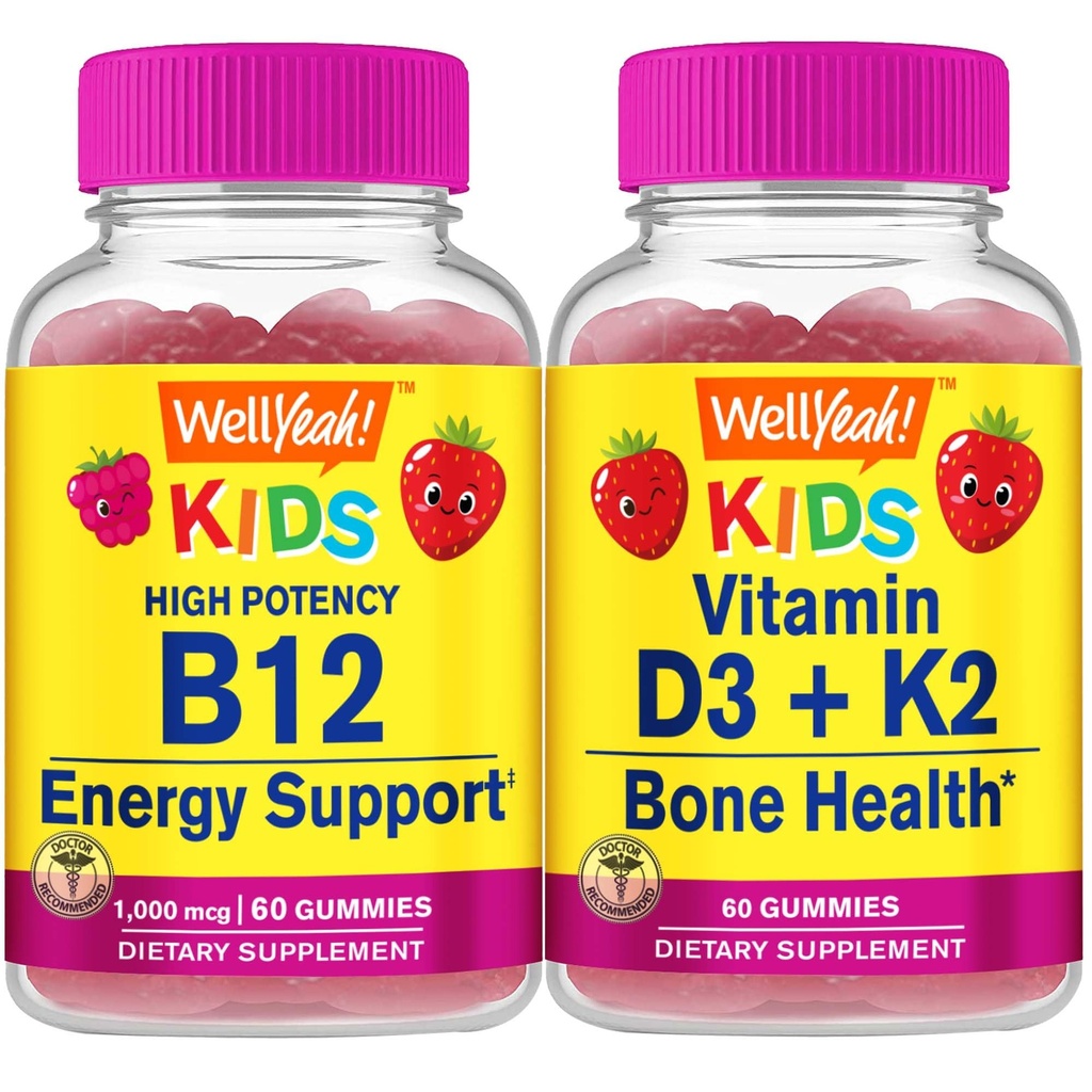 WellYeah 비타민 B12 어린이 + 비타민 D3 + K2 어린이, Gummies 번들 - 훌륭한 타스팅, 비타민 보충, 글루텐 무료, GMO 무료, Chewable Gummy