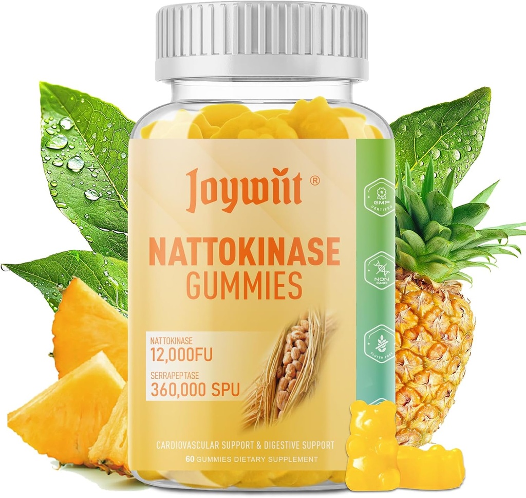 Nattokinase Gummies 12,000 FU, Serrapeptase Gummies 360,000 SPU Enzyme Supplement with Bromelain Papain & Inulin for Circulatory, Gut, Digestion Support, Vegan, Non GMO, 60 카운트
