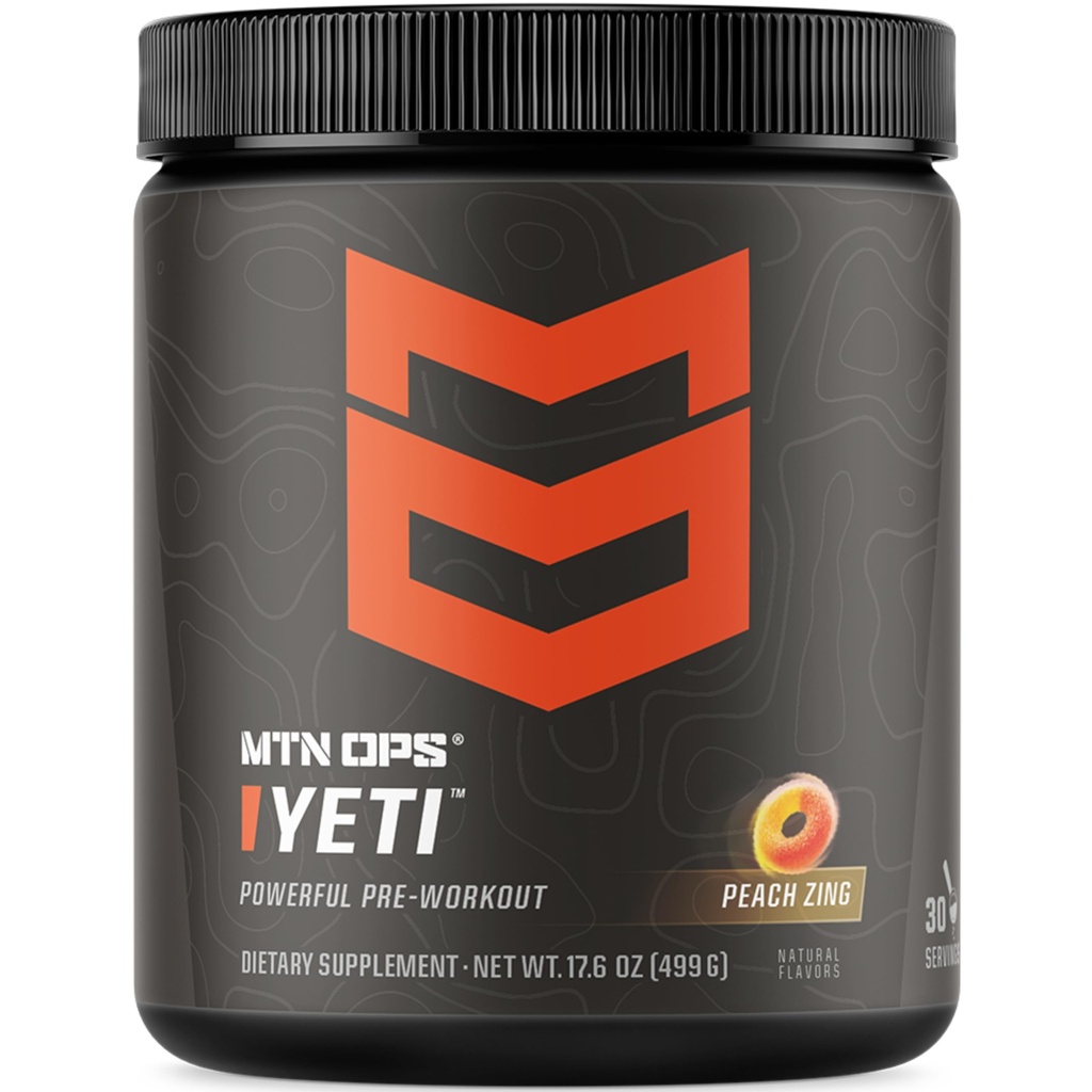 MTN OPS Yeti Pre-Workout 분말 Creatine, 200mg Caffeine & Beta Alanine, 30-Serving Tub, 복숭아 Zing를 가진 에너지 음료