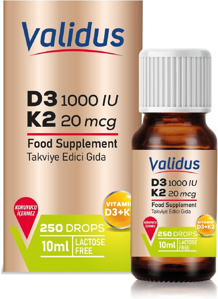 VALIDUS 비타민 D3K2 Drops - 높은 효능 비타민 D3 + K2 MK-7, 250 액체 드롭, 뼈 및 심장 건강을위한 향상된 흡수, 면역 기능 지원, 비 GMO, 글루텐 - 무료, 사용하기 쉬운, 10 ml