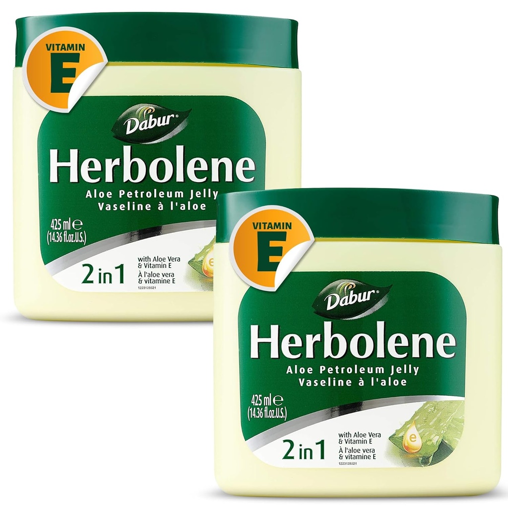 Dabur Herbolene Aloe Vera Gel Petroleum Jelly - Deep & Intensive Skin Moisturization에 대한 비타민 E와 함께 - 감각적인 피부에 대한 Gentle - Nourishing Bliss and Lasting Hydration - 425 ML (팩 2)