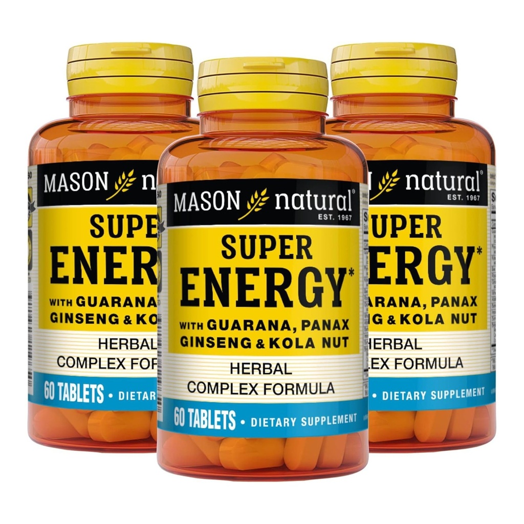 MASON NATURAL Super Energy, Guarana, Panax Ginseng & Kola Nut로 제작 된 Optimal Performance & Energy, 90 Day Supply, 60 Tablets (Pack of 3)