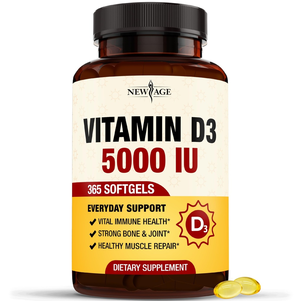 새로운 AGE 비타민 D3 5000 IU 125mcg Softgels - 지원 면역 지원, 강한 뼈 건강 - 비 GMO, 글루텐 자유로운, 낙농 자유로운, 1 년 공급 (360 Softgels의 1))